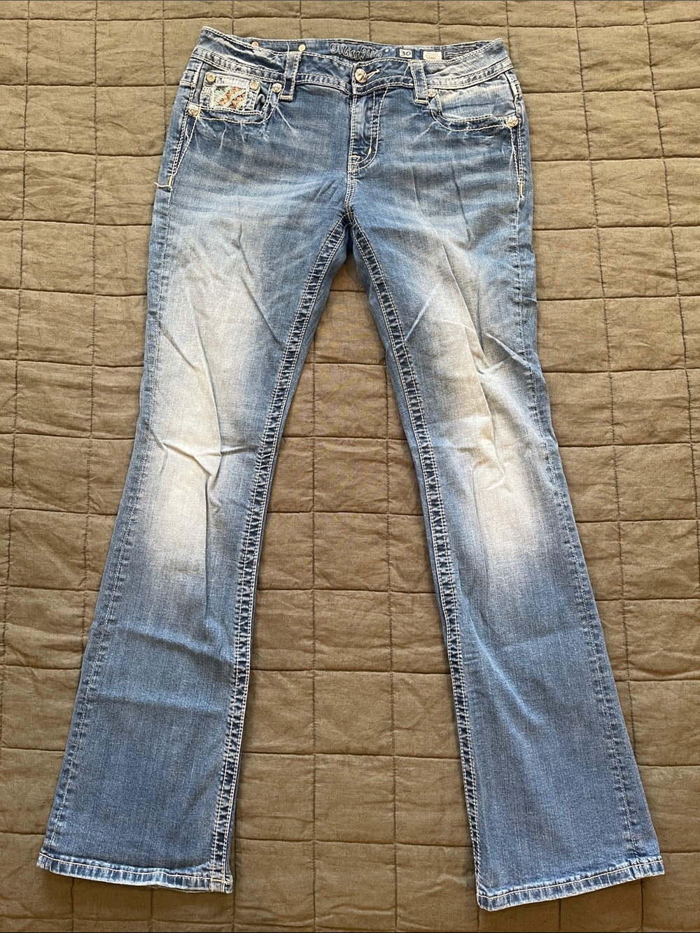 Miss Me Light Blue Bootcut Jeans with Whiskered Fade